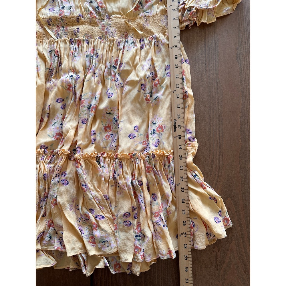 byTiMo Yellow Floral Ruffle Smocked Mini Dress Womens Large Boho Tiered Viscose - Picture 3 of 9